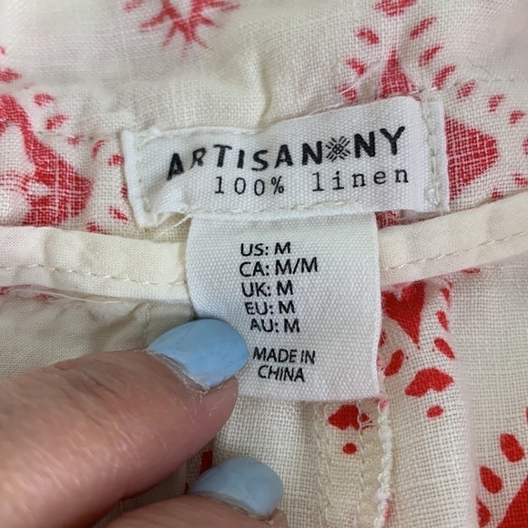 T11 Artisan Ny 100% Linen white shorts with red tribal print Aztec size Medium - Picture 9 of 16